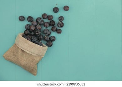 Top View Of The Small Dark Globose Astringent Fruit Sloes On A Burlap Bag On A Blue Background