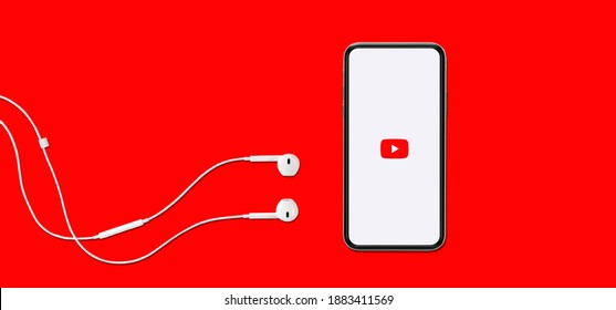 Top View Smartphone Or Mobile Phone Mockup With Play Button Youtube Social Media Sign On Mobile App. December 28, 2020, Thailand, Bangkok