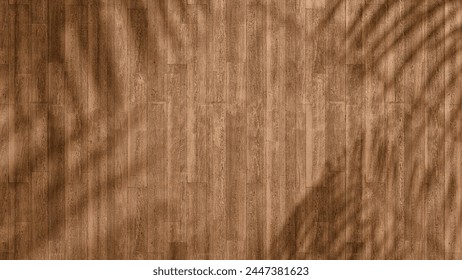 top view of soft brown table with high resolution texture and palm leafs shadows, summer table background with empty space for text or design, soft cozy sunny table backdrop, wooden texture seamless