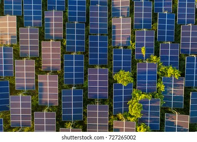 Top view of solar panels (solar cell) in solar farm with green tree and sun lighting reflect .Photovoltaic plant field. - Shutterstock ID 727265002