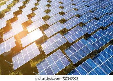 Top view of solar panels (solar cell) in solar farm with green tree and sun lighting reflect .Photovoltaic plant field. - Shutterstock ID 727265005