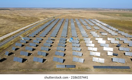 Top View Of The Solar Panels Of A Small Power Plant 