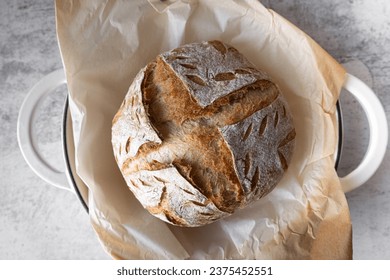 top view of sourdough bread loaf . home baker and baking concept.  - Powered by Shutterstock - Get 15% off with code: PIKWIZARD15