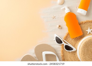 Top view of SPF skincare bottles, straw hat, shades, sandals and seashells on orange backdrop. Ensure your skin's well-being with these essential sun protection products - Powered by Shutterstock