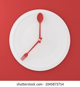 Top View Of Spoon And Fork On White Round Plate In A Form Of Clock On Red Background. Minimal Food Idea Concept. Idea Creative To Produce Work And Advertising Marketing Communications And Websites.