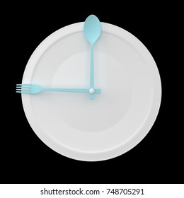 Top View Of Spoon And Fork On White Round Plate In A Form Of Clock On Black Background. Minimal Food Idea Concept. For Produce Work Within An Advertising Marketing Communications And Websites.