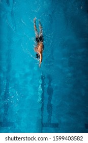 Top View Of Sportsman Swimming Front Crawl In Blue Water