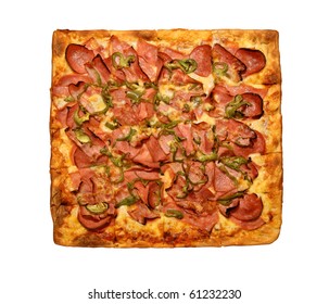 Top View Of A Square Pizza Isolated On A White Background