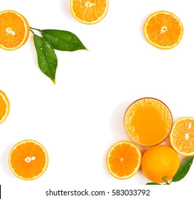 Top view of squeezed orange juice and fresh oranges fruits with green wet leaves isolated on white background. - Powered by Shutterstock