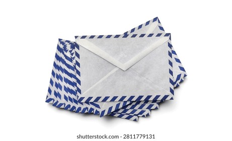 Top view of a stack of classic white and blue striped airmail envelopes, isolated on white background.