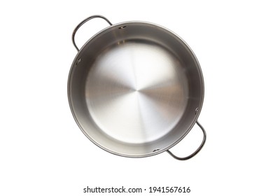 Top View Stainless Steel Frying Pot Isolated On White Background.