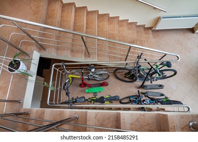 Top View From Stair Bicycle Garage Storage Place Office Or An Apartment Block Residential Building Or Multi-family House