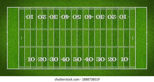 Top View Of Standard Yard Size Layout Empty American Football Sport Field With Real Green Realistic Grass And Copy Space. Team Sports Recreation Competition Background