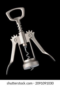 Top View Of Steel Winged Corkscrew Bottle Opener Isolated On Black