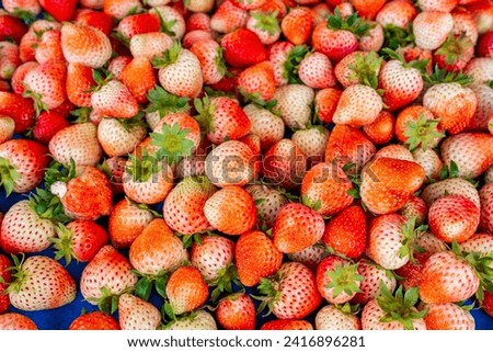 Top view strawberry berries on market stall.