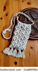 Top View Stunning Handmade Bespoke Off White Cotton Yarn Pouch Lie On Wood