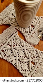 Top View Stunning Handmade Bespoke Off White  Cotton Yarn Tea Coaster Lie On Wood