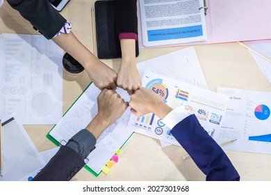 Top View Successful Workers Group Of Asian Business Partners Their Hands Together Collide At It At Meeting In Room Office