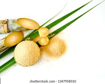 Top View Sugar Cane And Sugar Leaf On White Background 