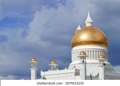 Top View of Sultan Omar Ali Saifudding Mosque, Bandar Seri Begawan, Brunei, Southeast Asia with dramatic clouds.