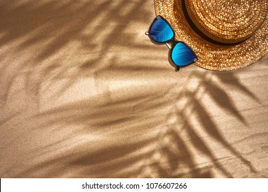 Top View Of Summer Accessories On Sandy Beach