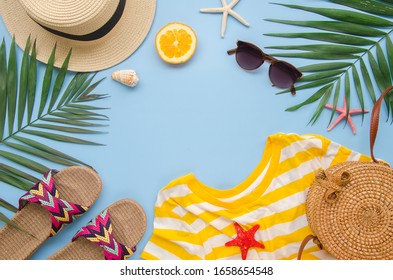 Top View Summer Beach Frame Mockup. Female Hipster Traveler Accessories. Palm Leaf, Rattan Bag And Hat. Copy Space