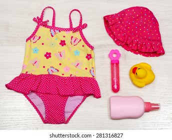 Top View Of Summer  Fashion Set Of Clothes For Little Baby Girl