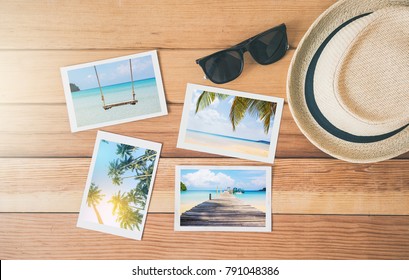 Top View Summer Photo Album On Wood Table,summer Tourism, Travel Concept.