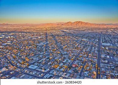 Top view of the sunset, mountains and houses, Las Vegas, Nevada, USA