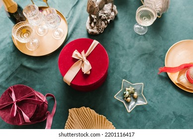 Top View Table Server For Christmas Dinner In Living Room, Close-up View, Table Setting, Christmas Decoration.