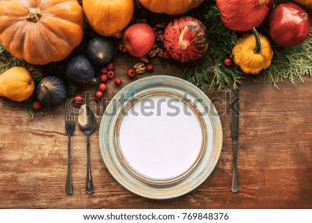 top view of table setting with beautiful various fruits and vegetables