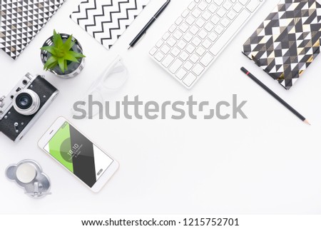 Top view tablet, smartphone, computer. Digital technology. Innovative implementation in business. Internet applications. Tablet phone and camera. Developing. Vibrant colors