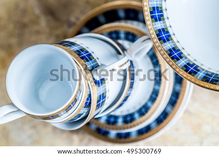 Top view of a tea set and on marble table