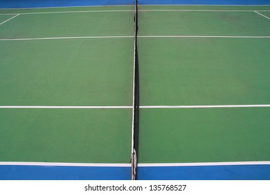 Top View Tennis Court ,tennis Ball On Green Blue Court And Net In Sport Competition Background, Sport Club