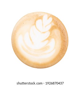 Top View. Texture Coffee Latte Art On Cup Isolated White Background.