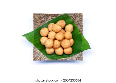 Top View Of Thai Fried Sweet Potato Balls In Wooden Bowl Isolated On White Background.