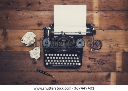 Top view thirties retro writers desk with typewriter