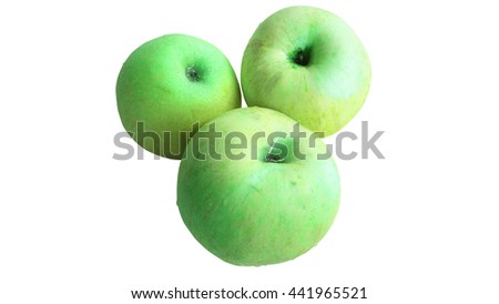 top view of three fresh green apples with water drop isolated on white background : this has clipping path