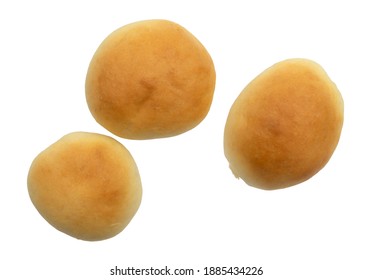 Top View Of Three Fresh Homemade Yeast Rolls Isolated On A White Background.