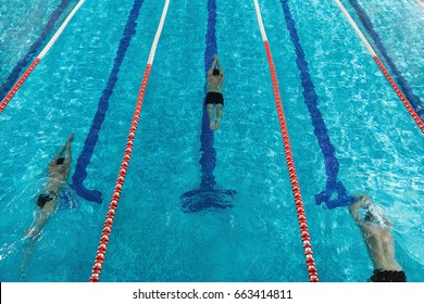 Top view of three male swimmers pushing off from the edge of a swimming pool