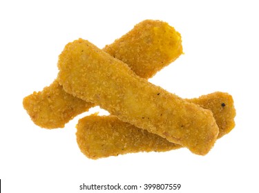 Top View Of Three Microwaved Chicken Fingers Isolated On A White Background.