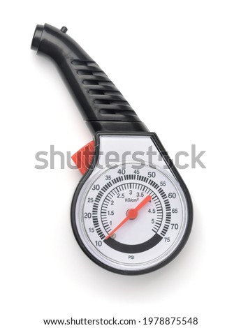 Top view of tire pressure gauge isolated on white