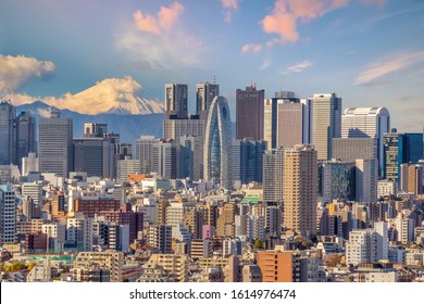 Top View Of Tokyo City Skyline (Shinjuku Area) And Mount Fuji With Beautiful Sunset In Japan.

