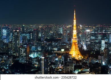 Top View Of Tokyo Cityscape At Night Time, Japan