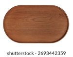 Top View A top-down view of an empty oval wooden tray with a natural grain surface, isolated on white background,