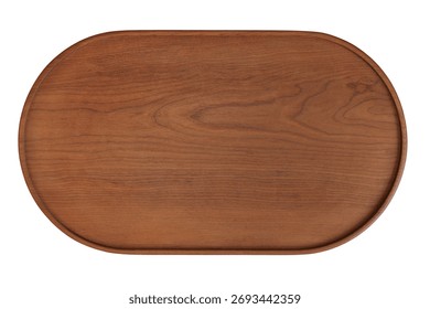 Top View A top-down view of an empty oval wooden tray with a natural grain surface, isolated on white background,