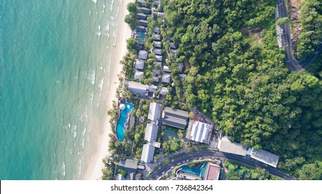 Top View Tourist Resort With Swimming Pool And Green Garden. Holiday Villas On The Island. Aerial Top View.