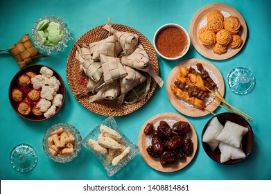 Top View Traditional Malay Food And Cookies During Ramadan And Eid Mubarak. Hari Raya Aidilfitri Festival