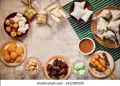 Top View Traditional Malay Food And Cookies During Ramadan And Eid Mubarak. Hari Raya Aidilfitri Festival