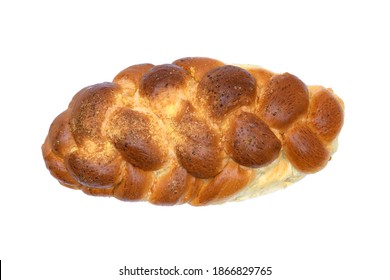 Top view of traditional sweet braided yeast bread called - zopf, challah, petticoat or brioche on white background (high detail)